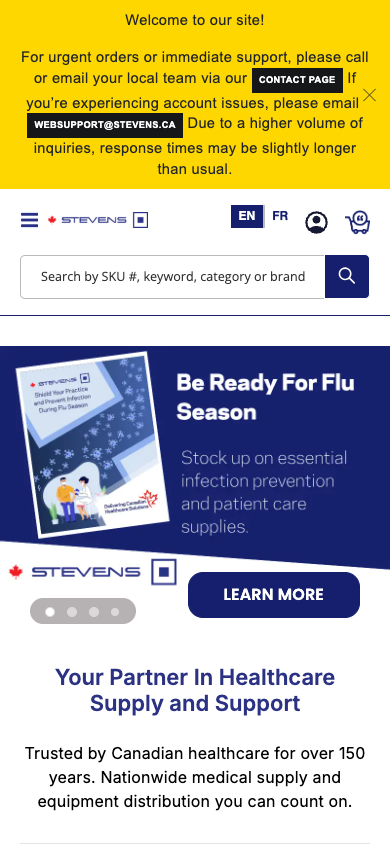 The Stevens Company official website captured at a 390 by 844 mobile viewport