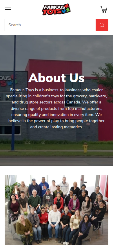 Famous Toys official website captured at a 390 by 844 mobile viewport