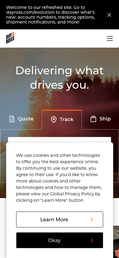 Day & Ross official website captured at a 390 by 844 mobile viewport