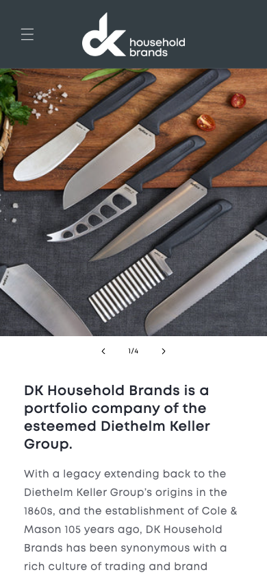 DK Household Brands official website captured at a 390 by 844 mobile viewport