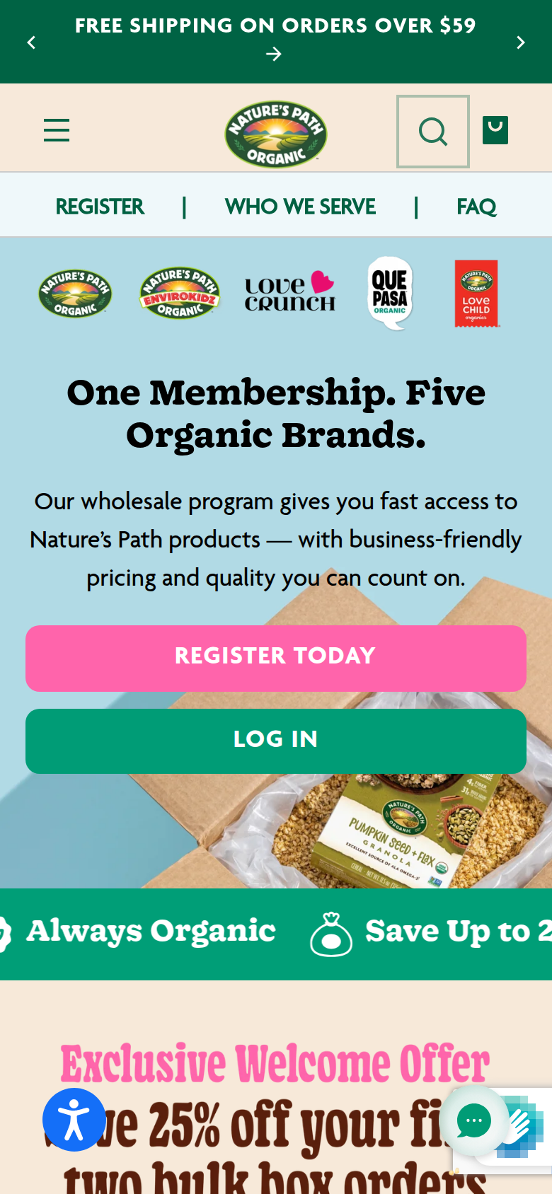 Nature's Path Foods official website captured at a 390 by 844 mobile viewport